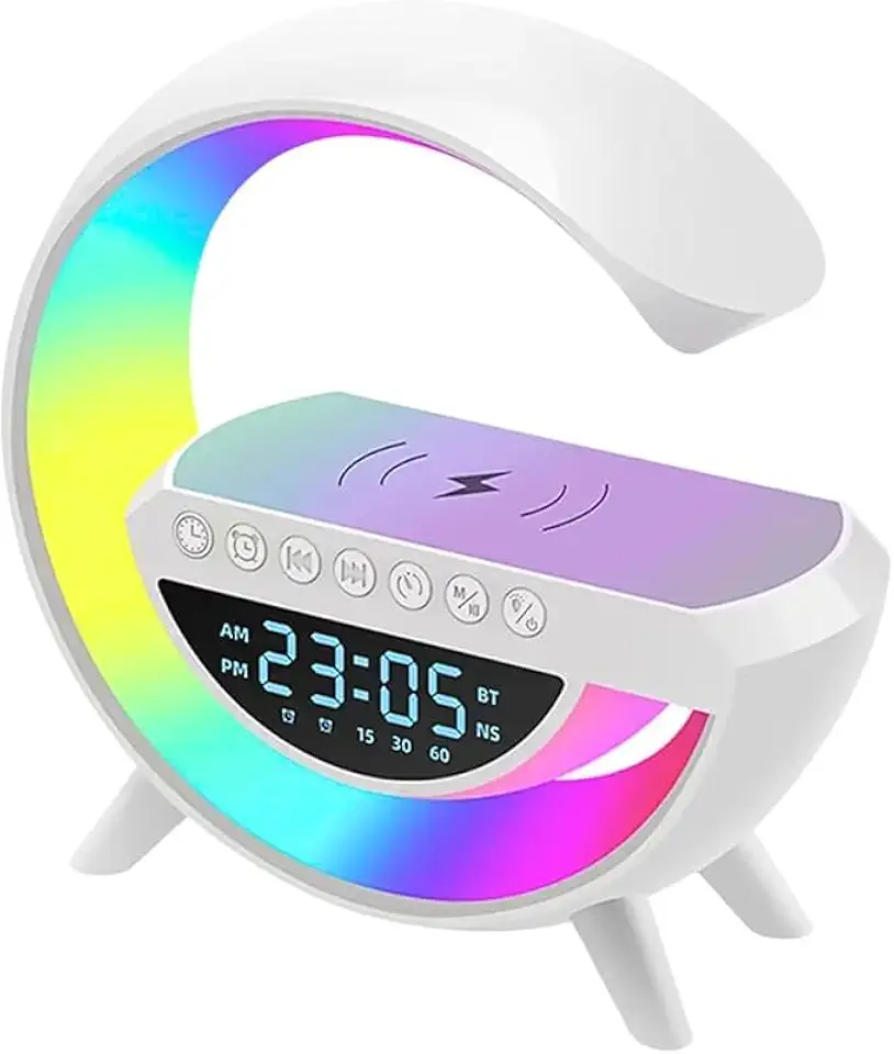 3 in 1 Illuminated G Shape Smart Wireless Charger Table Lamp technology RGB 6 Color, portable Bluetooth Speaker with Smart Mood Light for Bedroom, Clock Alarm, 15w, radio, Calls, Decor, Gift
