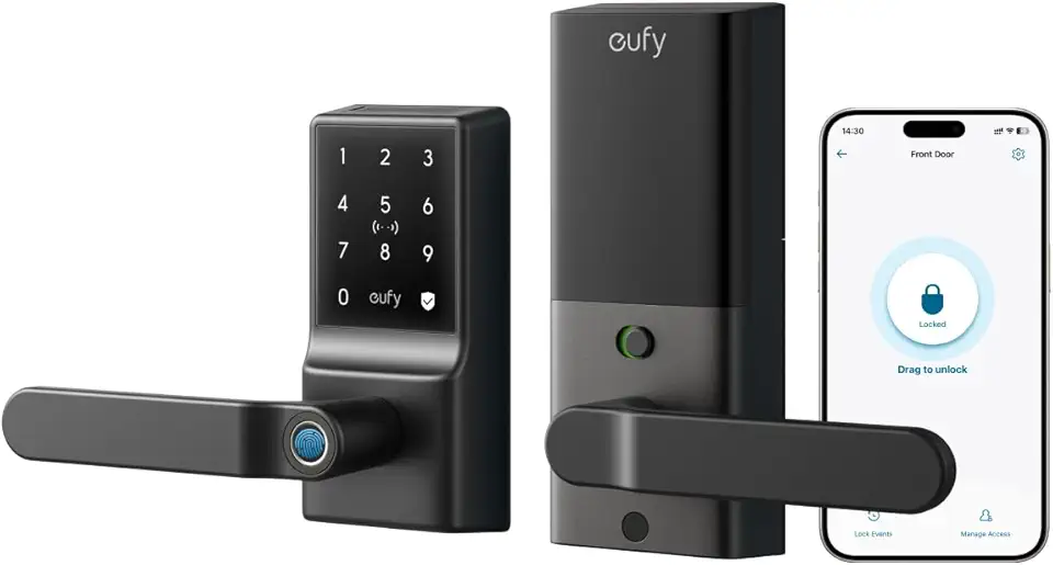 eufy Smart Lock C33, Keypad Door Lock with Handle, Fingerprint Door Knob, Keyless Entry Door Lock for Front Door and Bedrooms, Electronic Deadbolt, Wi-Fi, Remote App Control, IP53 Waterproof, Black