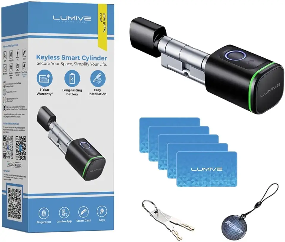 Lumive Smart Door Lock, Fingerprint Door Lock, Bluetooth App Unlock,2 Keys 5 RFID Cards,Fixed Cylinder, Black [Battery Included] (60mm Smart Cylinder)