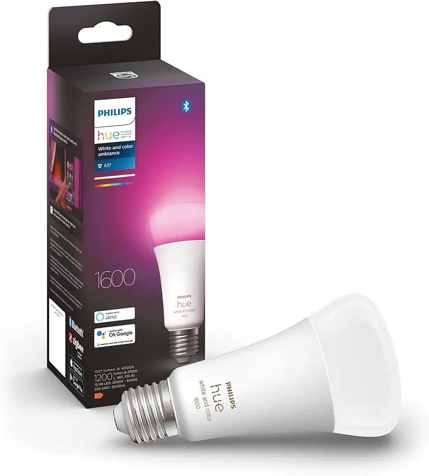 White and Colour Ambiance Smart Light Bulb 100W - 1600 Lumen [E27 Edison Screw] With Bluetooth. For Indoor Home Lighting, Livingroom, Bedroom. Works with Voice Control, Alexa.