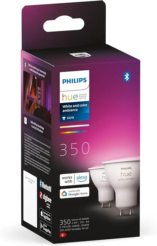 White and Colour Ambiance Smart Light 2 Pack [GU10 Spot] With Bluetooth. Works with Alexa, Google Assistant and Apple Homekit