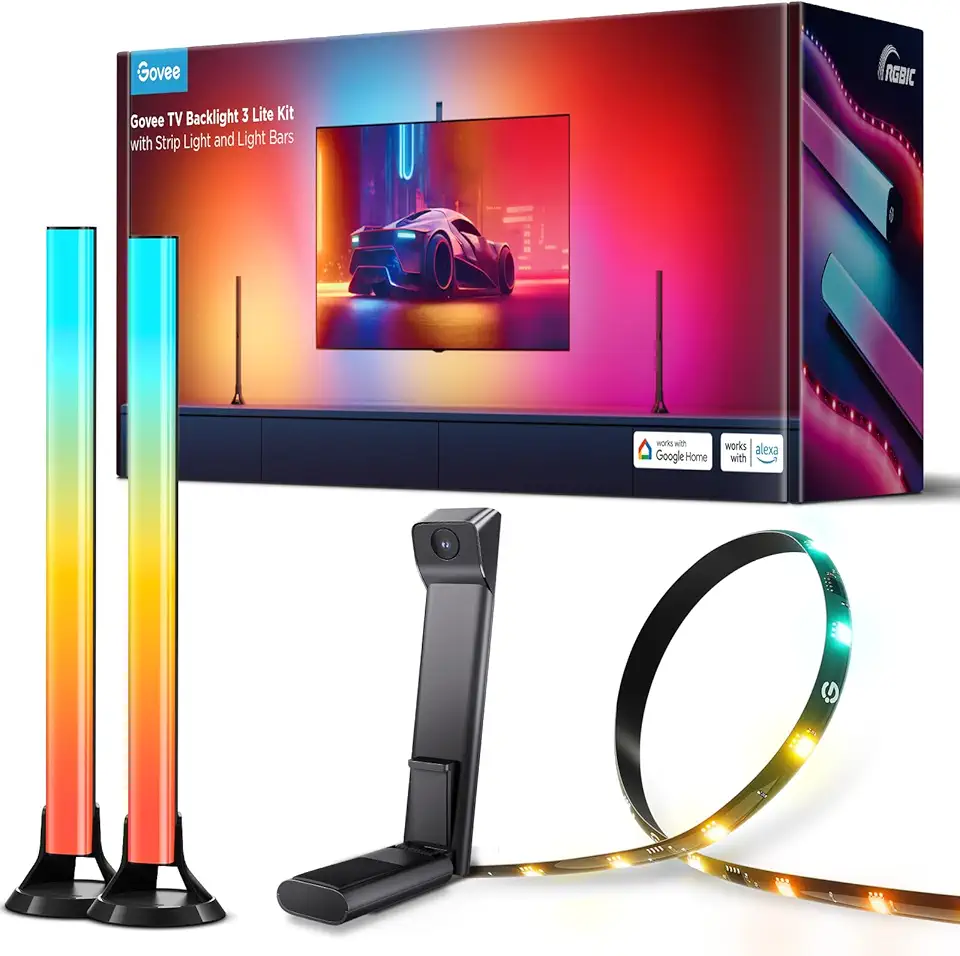 3 x 12ft RGBICW Wi-Fi LED Backlight for 55-65 inch TVs with Camera and 15 inch Light Bars with 4 in 1 Light Beads, Works with Alexa and Google Home