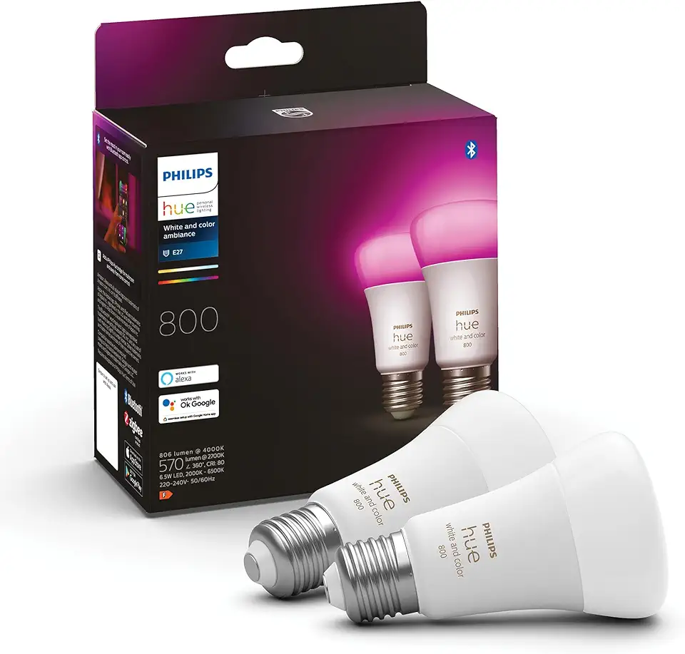 White and Colour Ambiance Smart Light Bulb 2 Pack 60W - 800 Lumen [E27 Edison Screw] With Bluetooth. Works with Alexa, Google Assistant and Apple Homekit