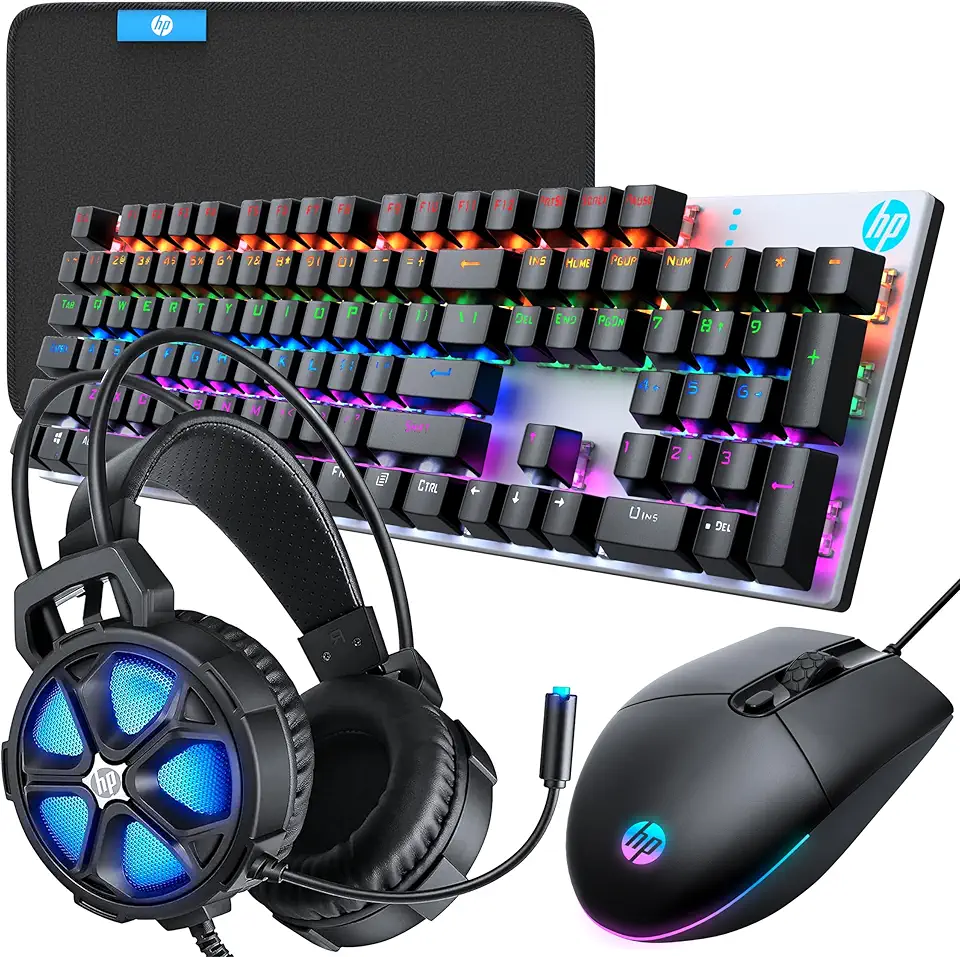 HP PC Gaming Keyboard and Mouse Combo, RGB Backlit Wired Mouse and Keyboard, Mouse pad,Gaming Headset, Gamer 4 in 1 Bundle for PS4 PS5 and Xbox,(HP Kit)